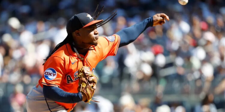 Houston Astros pitcher Framber Valdez throws a pitch in the fifth inning at Yankee Stadium in The Bronx, New York, USA, Saturday, August 09, 2025.