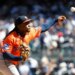 Houston Astros pitcher Framber Valdez throws a pitch in the fifth inning at Yankee Stadium in The Bronx, New York, USA, Saturday, August 09, 2025.