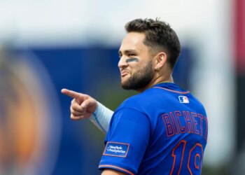 Bo Bichette walks to the dugout after grounding out in the first inning against the Miami Marlins at Spring Training at Clover Field, Saturday, Feb. 21, 2026.