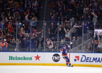 Bo Horvat #14 of the New York Islanders reacts after he scores the game-winning goal in overtime when the New York Islanders played the Pittsburgh Penguins Tuesday, February 3, 2026 at UBS Arena.
