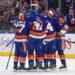 Matthew Schaefer #48 of the New York Islanders celebrated with his teammates after he scores a goal during the first period when the New York Islanders played the Pittsburgh Penguins Tuesday, February 3, 2026 at UBS Arena in Elmont, NY.