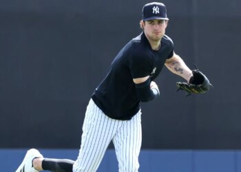 Cam Schlittler throws during a workout on Feb. 12, 2026.
