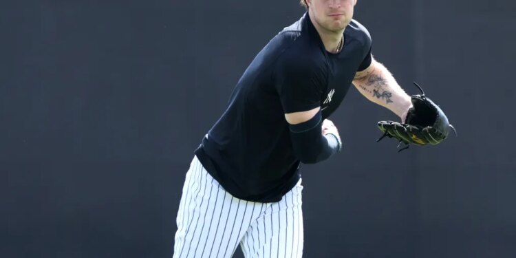 Cam Schlittler throws during a workout on Feb. 12, 2026.