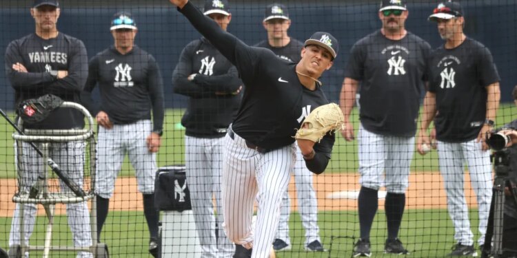 New York Yankees pitcher Carlos Lagrange #84 pitches during spring training at Steinbrenner Field.