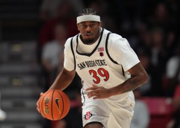 Reese Dixon-Waters dribbles a basketball in a San Diego State uniform.