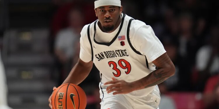 Reese Dixon-Waters dribbles a basketball in a San Diego State uniform.