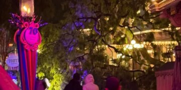 Fallen tree at Disneyland, blocking a path near the Plaza Inn.