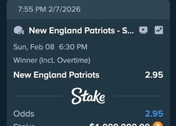 Drake's bet of $1,000,000 on the New England Patriots to win with an estimated payout of $2,950,000.