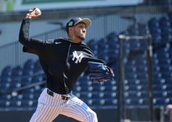 New York Yankees pitcher Elmer Rodriguez throwing live batting practice at Steinbrenner Field.