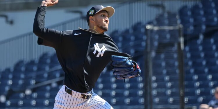 New York Yankees pitcher Elmer Rodriguez throwing live batting practice at Steinbrenner Field.