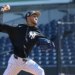 New York Yankees pitcher Elmer Rodriguez throwing live batting practice at Steinbrenner Field.
