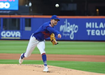 Griffin Canning (46) pitches in the first inning when the New York Mets played the Atlanta Braves Thursday, June 26, 2025 at Citi Field in Queens, NY.