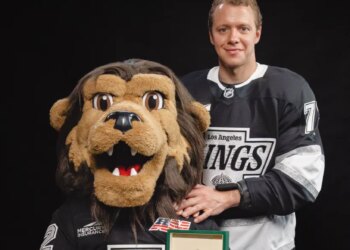 Artemi Panarin gifts a Rolex watch to the LA Kings mascot.