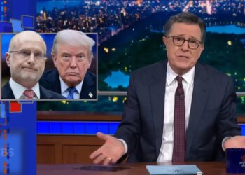 An image collage containing 1 images, Image 1 shows Stephen Colbert explaining how a new directive from Brendan Carr's FCC makes it next to impossible for CBS to air his interview with Texas State Rep. James Talarico, with headshots of Carr and Donald Trump shown on screen