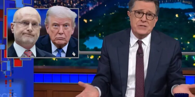 An image collage containing 1 images, Image 1 shows Stephen Colbert explaining how a new directive from Brendan Carr's FCC makes it next to impossible for CBS to air his interview with Texas State Rep. James Talarico, with headshots of Carr and Donald Trump shown on screen