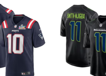 Collage of Patriots and Seahawks football jerseys, both with "Super Bowl LIX" patch.