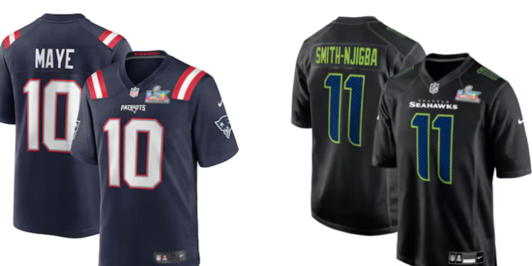 Collage of Patriots and Seahawks football jerseys, both with "Super Bowl LIX" patch.
