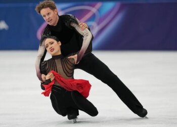 Madison Chock and Evan Bates of the United States compete during the ice dancing free skate in figure skating at the 2026 Winter Olympics, in Milan, Italy, Wednesday, Feb. 11, 2026.