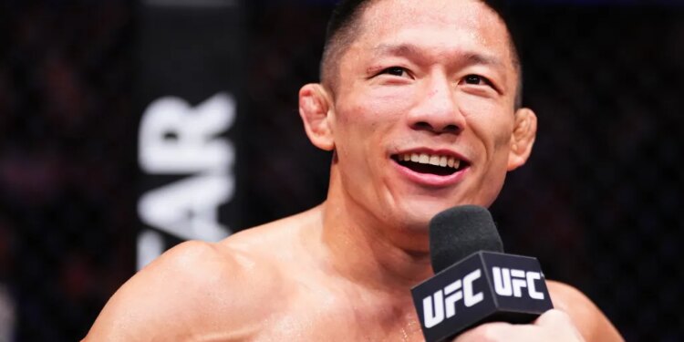 Kyoji Horiguchi of Japan reacts after a submission victory against Tagir Ulanbekov of Russia.