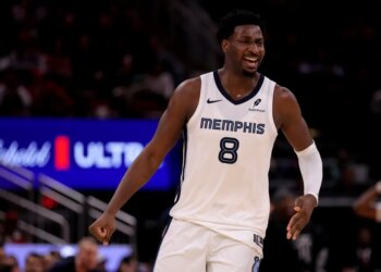 Jaren Jackson Jr. of the Memphis Grizzlies reacting after a basket.