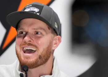 Seattle Seahawks quarterback Sam Darnold speaks during Super Bowl Opening Night.