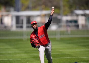 Red Sox pitcher Aroldis Chapman throws during a spring training baseball workout in Fort Myers, Fla., Monday, Feb. 16, 2026.