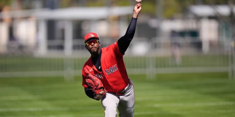 Red Sox pitcher Aroldis Chapman throws during a spring training baseball workout in Fort Myers, Fla., Monday, Feb. 16, 2026.