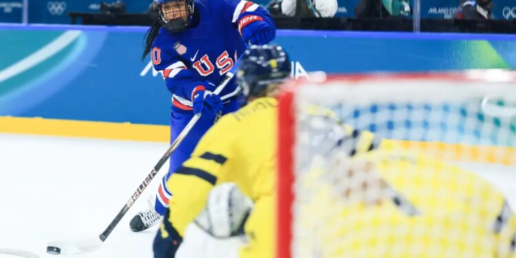 Team USA's Laila Edwards takes a shot on goal during the first period against Sweden at the 2026 Winter Olympics on Feb. 16, 2026.