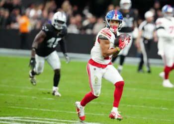 New York Giants wide receiver Wan'Dale Robinson (17) runs with the ball after a catch against the Las Vegas Raiders.