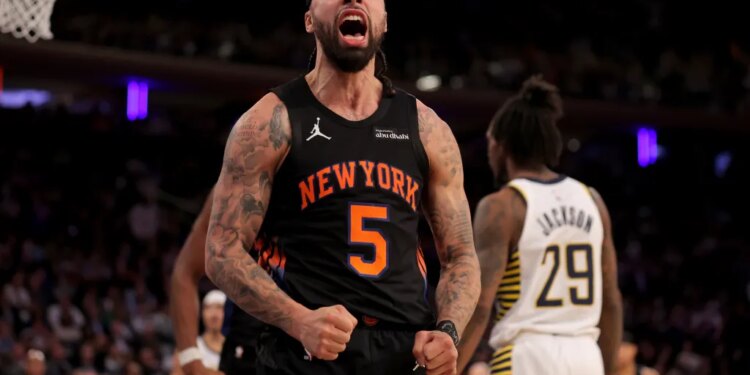 Jose Alvarado celebrates after scoring a bucket in the fourth quarter of the Knicks' 137-134 OT win over the Pacers on Feb. 10, 2026 at Madison Square Garden.