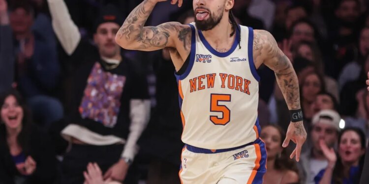 Jose Alvarado celebrates after hitting a 3-pointer during the Knicks' 108-106 comeback win over the Rockets on Feb. 21, 2026 at the Garden.