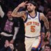 Jose Alvarado celebrates after hitting a 3-pointer during the Knicks' 108-106 comeback win over the Rockets on Feb. 21, 2026 at the Garden.
