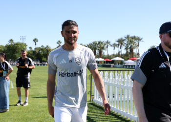 LA Galaxy midfielder Justin Haak (15) leaves the field after the MLS preseason match against Chicago Fire FC at Empire Polo Club.
