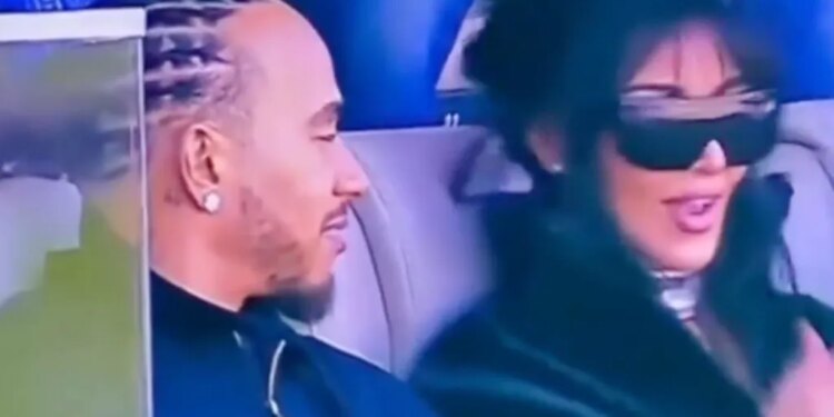 Kim Kardashian and Lewis Hamilton sitting together at Super Bowl 2026 at Levi's Stadium in Santa Clara, Calif. on February 8, 2026.