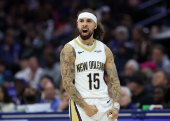 New Orleans Pelicans guard Jose Alvarado (15) yells after scoring a three-pointer.