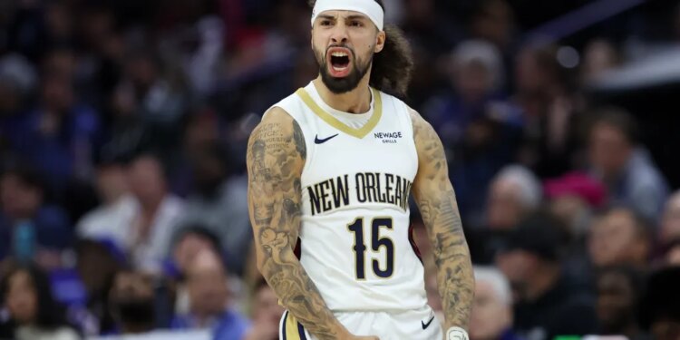 New Orleans Pelicans guard Jose Alvarado (15) yells after scoring a three-pointer.