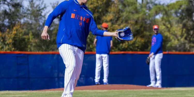Kodai Senga works on a fielding drill during Mets' spring training practice on Feb. 11, 2026 in Port St. Lucie.