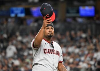 Luis L. Ortiz #45 of the Cleveland Guardians tips his cap as he comes off the mound after being pulled from the game during the sixth inning of the Yankees and Cleveland Guardians game at Yankee Stadium.