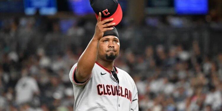 Luis L. Ortiz #45 of the Cleveland Guardians tips his cap as he comes off the mound after being pulled from the game during the sixth inning of the Yankees and Cleveland Guardians game at Yankee Stadium.