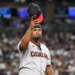 Luis L. Ortiz #45 of the Cleveland Guardians tips his cap as he comes off the mound after being pulled from the game during the sixth inning of the Yankees and Cleveland Guardians game at Yankee Stadium.