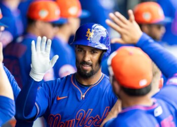 Mets' Marcus Semien (10) celebrates a solo home run in the third inning against the Houston Astros during Spring Training at Cacti Park of the Palm Beaches, Thursday, Feb. 26, 2026, in West Palm Beach, FL.