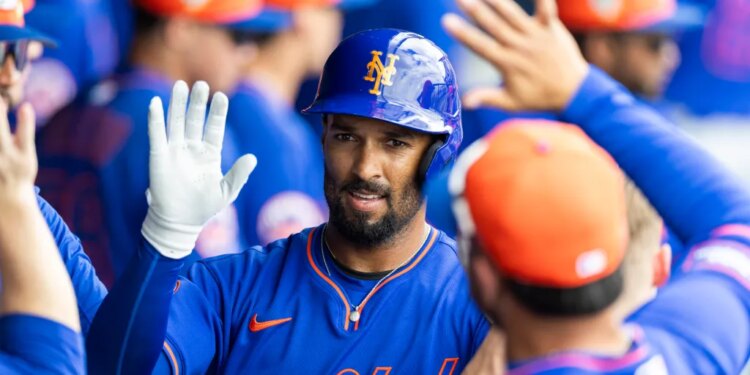 Mets' Marcus Semien (10) celebrates a solo home run in the third inning against the Houston Astros during Spring Training at Cacti Park of the Palm Beaches, Thursday, Feb. 26, 2026, in West Palm Beach, FL.