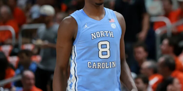 North Carolina Tar Heels forward Caleb Wilson (8) looks on against the Miami Hurricanes during the first half at Watsco Center.