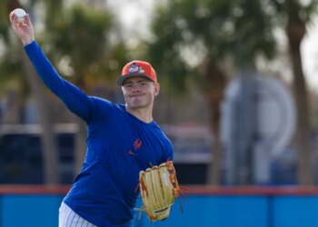 A.J. Ewing throws during Spring Training at Clover Field, Thursday, Feb. 19, 2026.