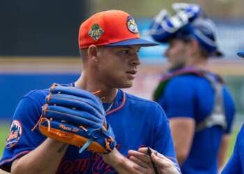 Mets right-hander Tobias Myers comes off the field after throwing two innings of batting practice on Feb. 18, 2026