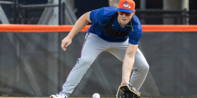New York Mets Third Baseman Brett Baty fields grounders at first base during Spring Training at Clover Field, Sunday, Feb. 15, 2026, in Port St. Lucie, FL.