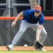 New York Mets Third Baseman Brett Baty fields grounders at first base during Spring Training at Clover Field, Sunday, Feb. 15, 2026, in Port St. Lucie, FL.