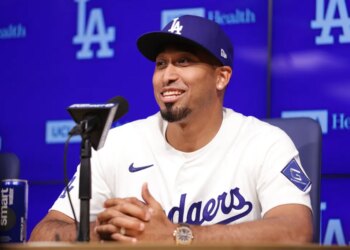 Edwin Díaz speaks at his introduction as a new member of the Los Angeles Dodgers.