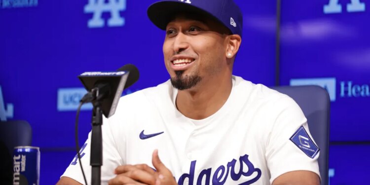 Edwin Díaz speaks at his introduction as a new member of the Los Angeles Dodgers.
