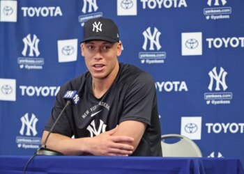 Aaron Judge speaks to reporters at Yankees spring training on Feb. 16, 2026.